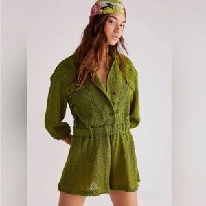 Free People Beach XS Ryan Knit Crochet Romper One Piece Serpent Green FP -